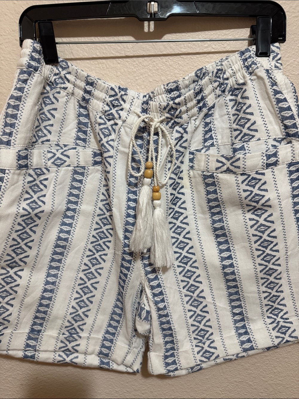 Sundance White and Blue Striped Cotton Shorts with Tassel Drawstring